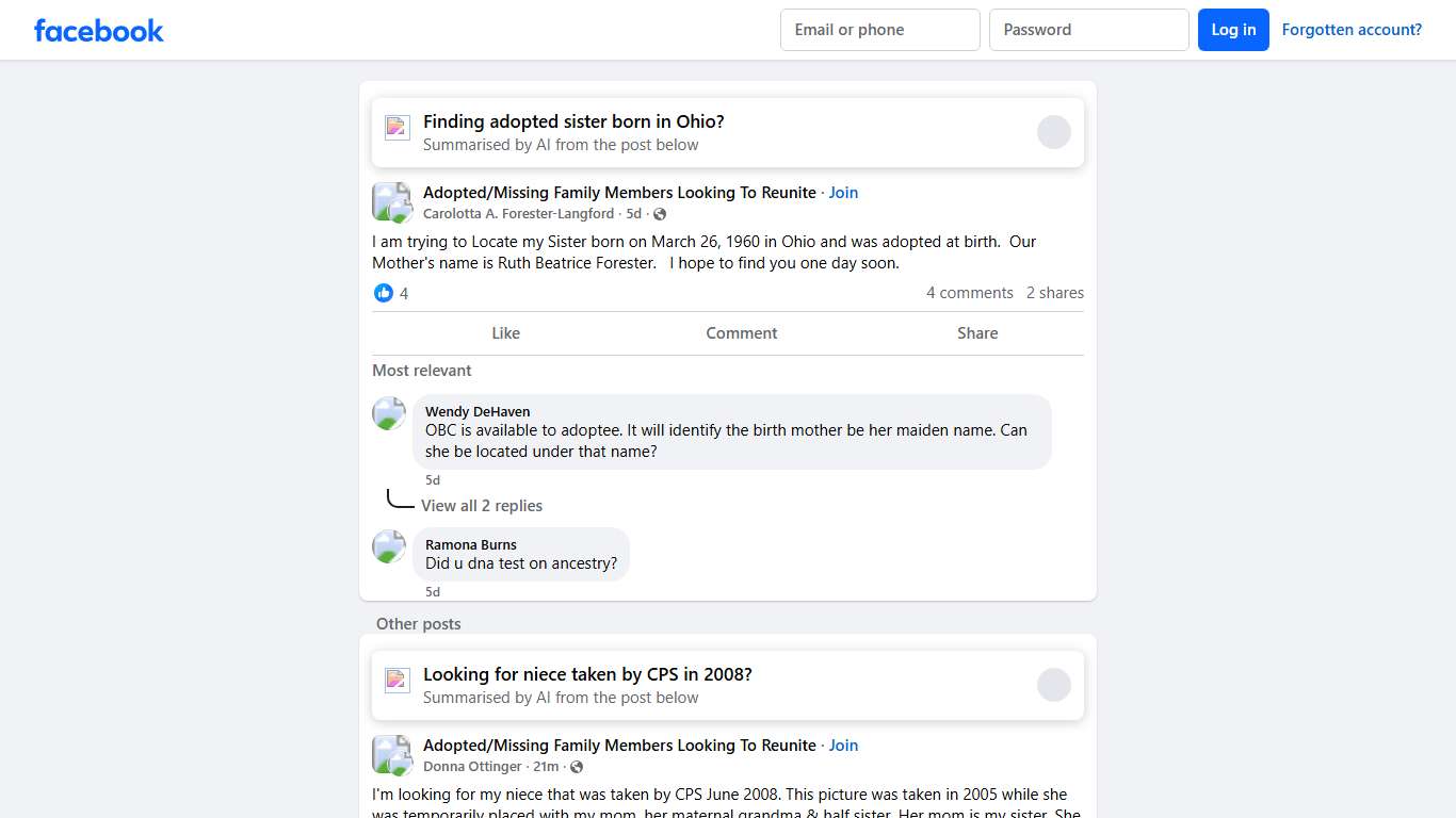 Adopted/Missing Family Members Looking To Reunite I am trying to Locate my Sister born on March 26, 1960 in Ohio and was adopted at birth Facebook